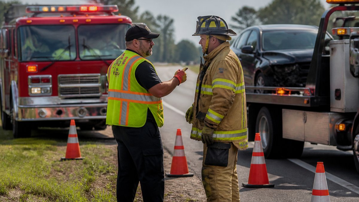 Tow truck operator and firefighter coordinating at a roadside incident scene for safety consulting purposes.