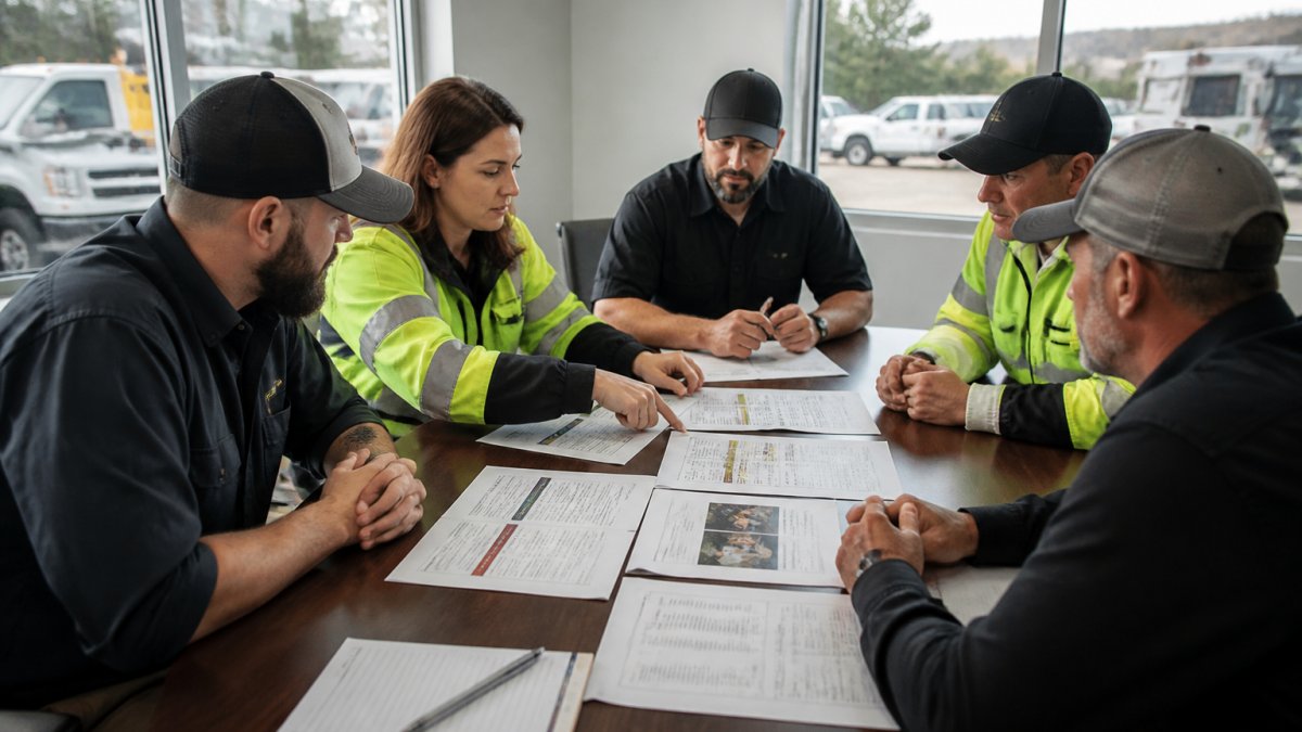 Professional safety team members gathered around a conference table reviewing printed emergency response plan documents and discussing procedures with focused attention in a modern office setting