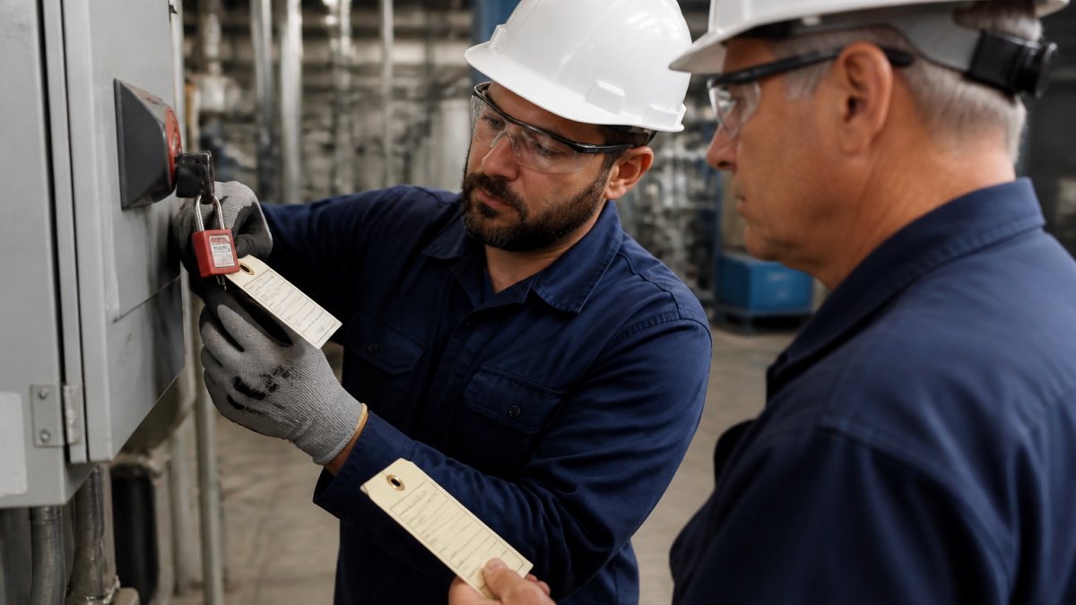 A maintenance technician in safety glasses and hard hat applying a padlock and tag to an industrial disconnect switch on a plant floor, with a second worker checking the tag