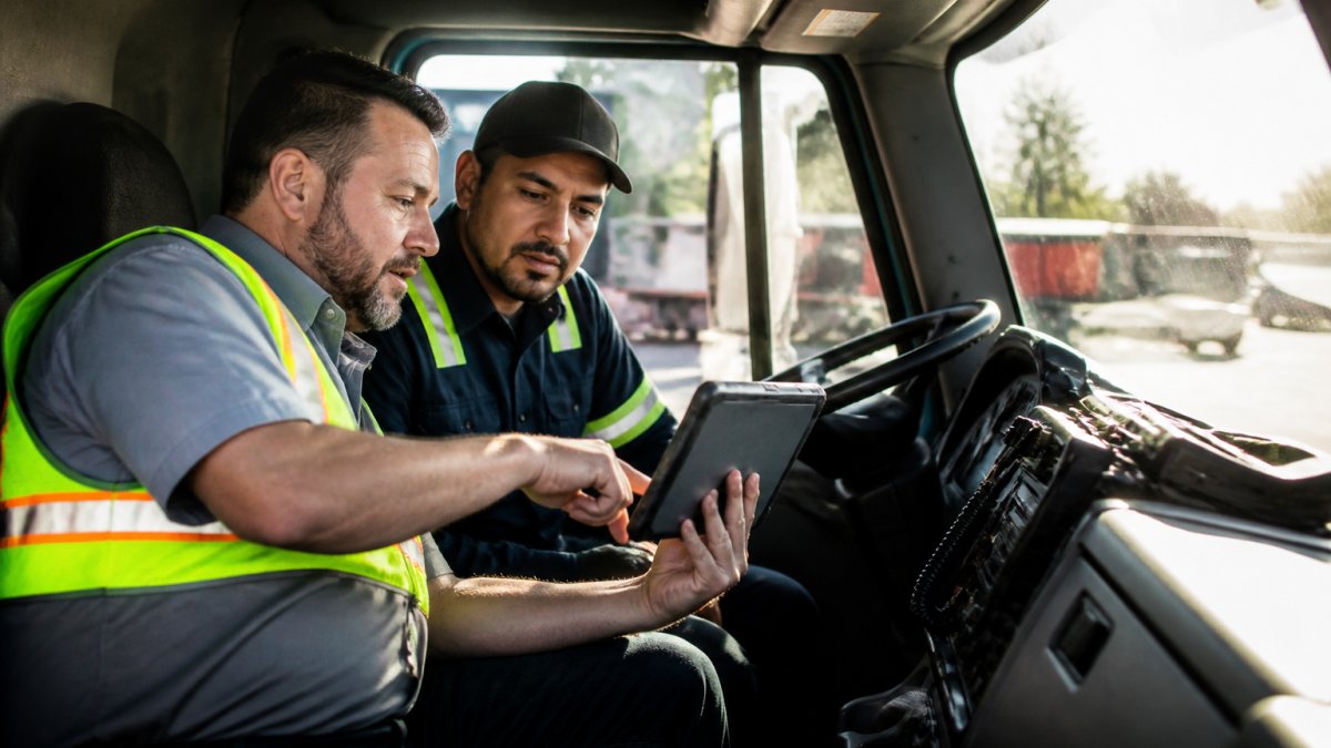 Safety supervisor coaching a truck driver on a tablet, focusing on reducing near miss incidents in the cab.