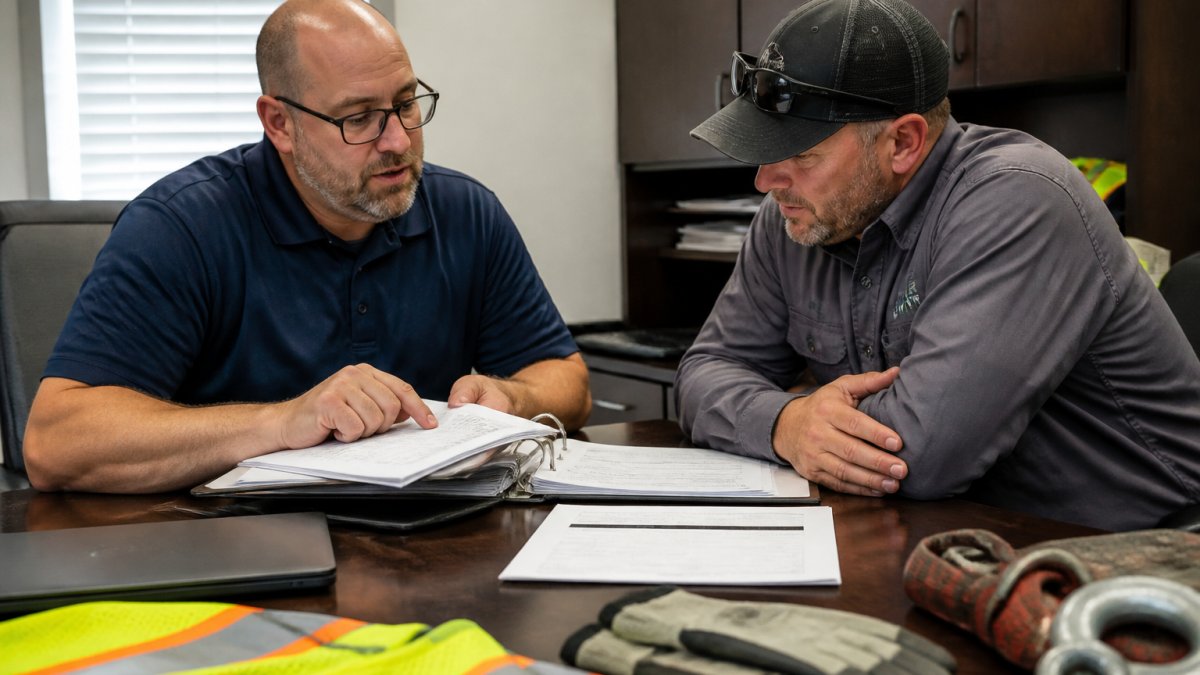 Safety consultant reviewing compliance documents with a towing company manager in a modern office.