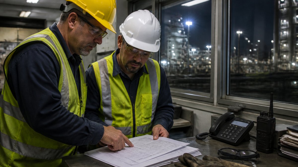 Two industrial shift supervisors at a plant floor desk reviewing a printed handoff checklist together, one pointing at a line item, hard hats and safety vests on, night-shift lighting visible through a window