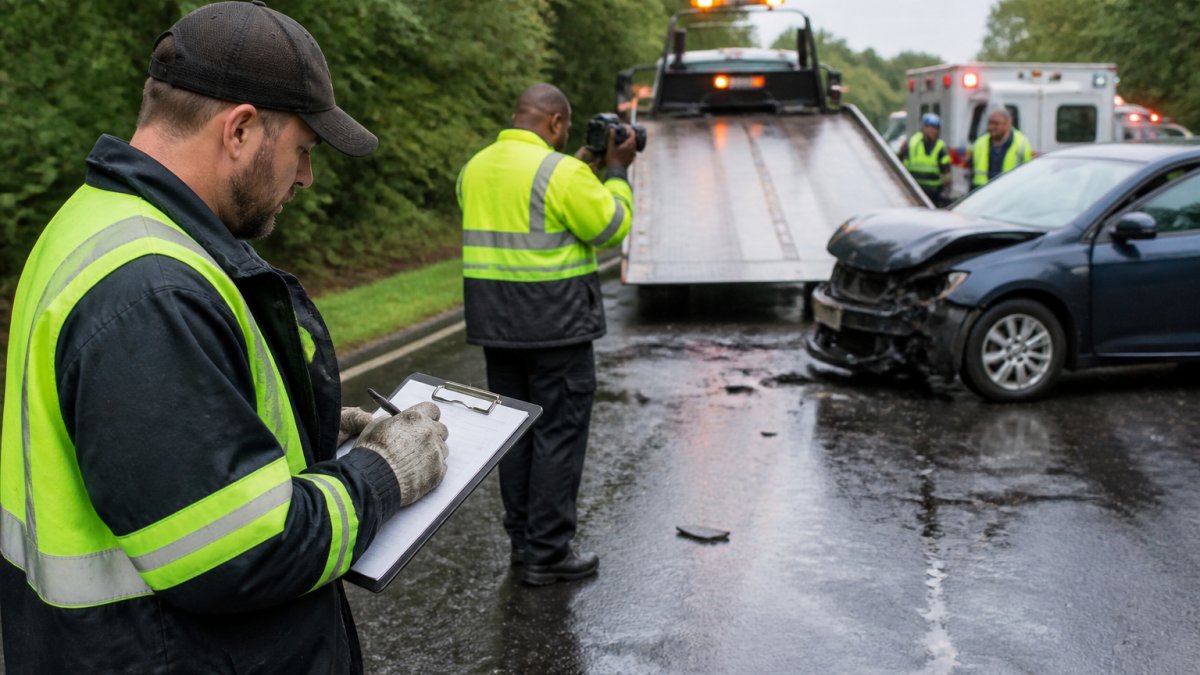 Professional tow truck operators at incident scene documenting evidence with clipboards and cameras, wearing high-visibility safety gear, with emergency vehicles and damaged vehicles visible in the background